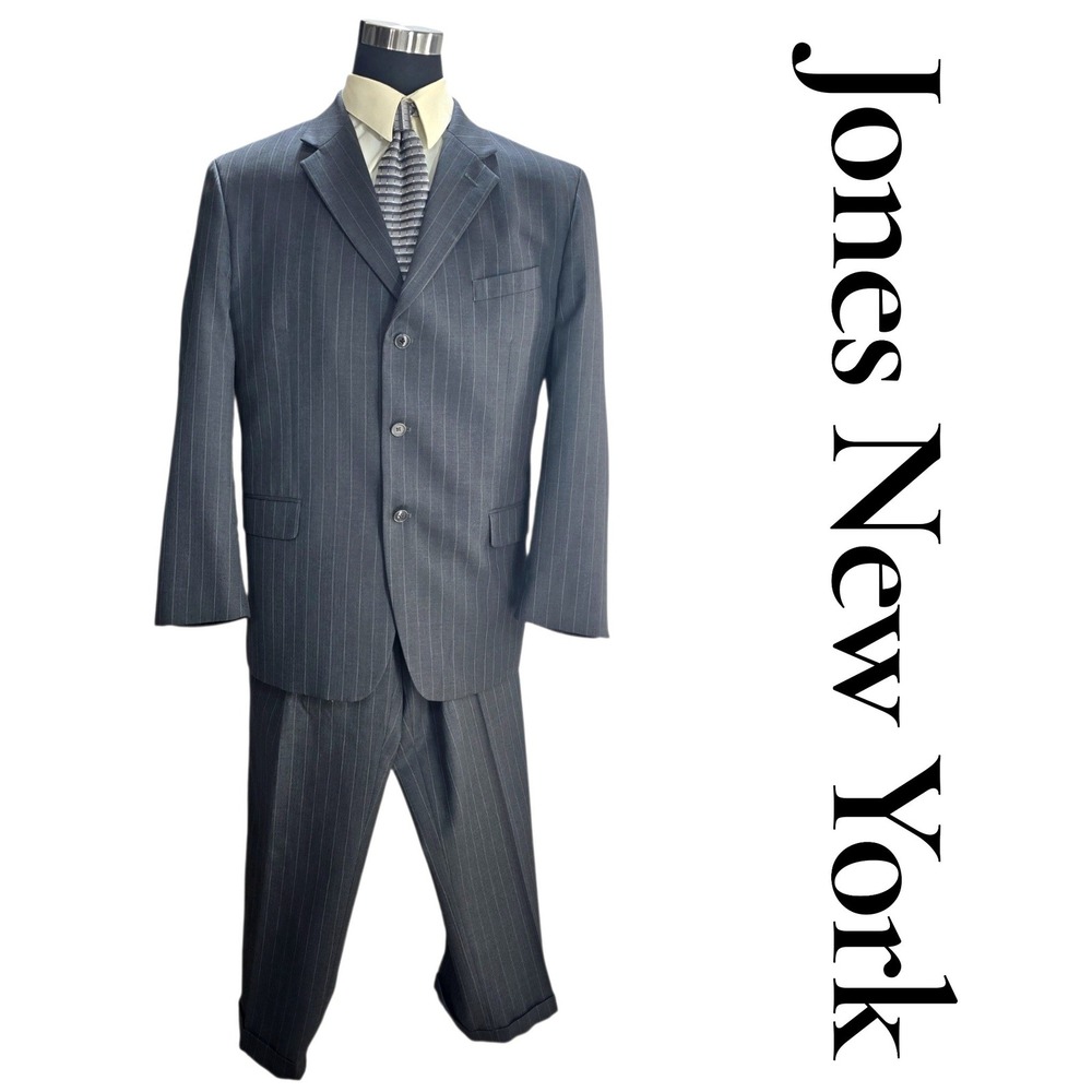 Jones New York Suit Mens 46R Grey 100% Wool Pinstripe 3 Button Vintage Executive